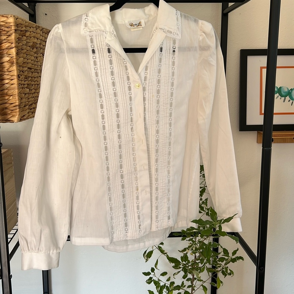 Vintage sheer white blouse button up shirt lace details